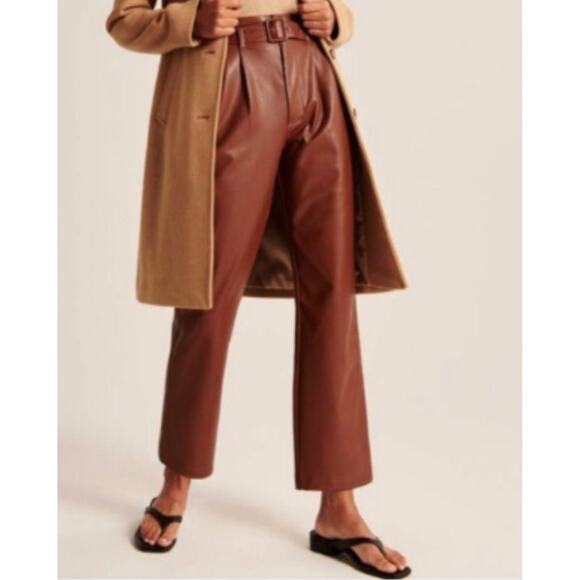 Abercrombie & Fitch Paperbag Belted Straight Leg Pants Faux Leather, Brown NWT - Picture 1 of 12